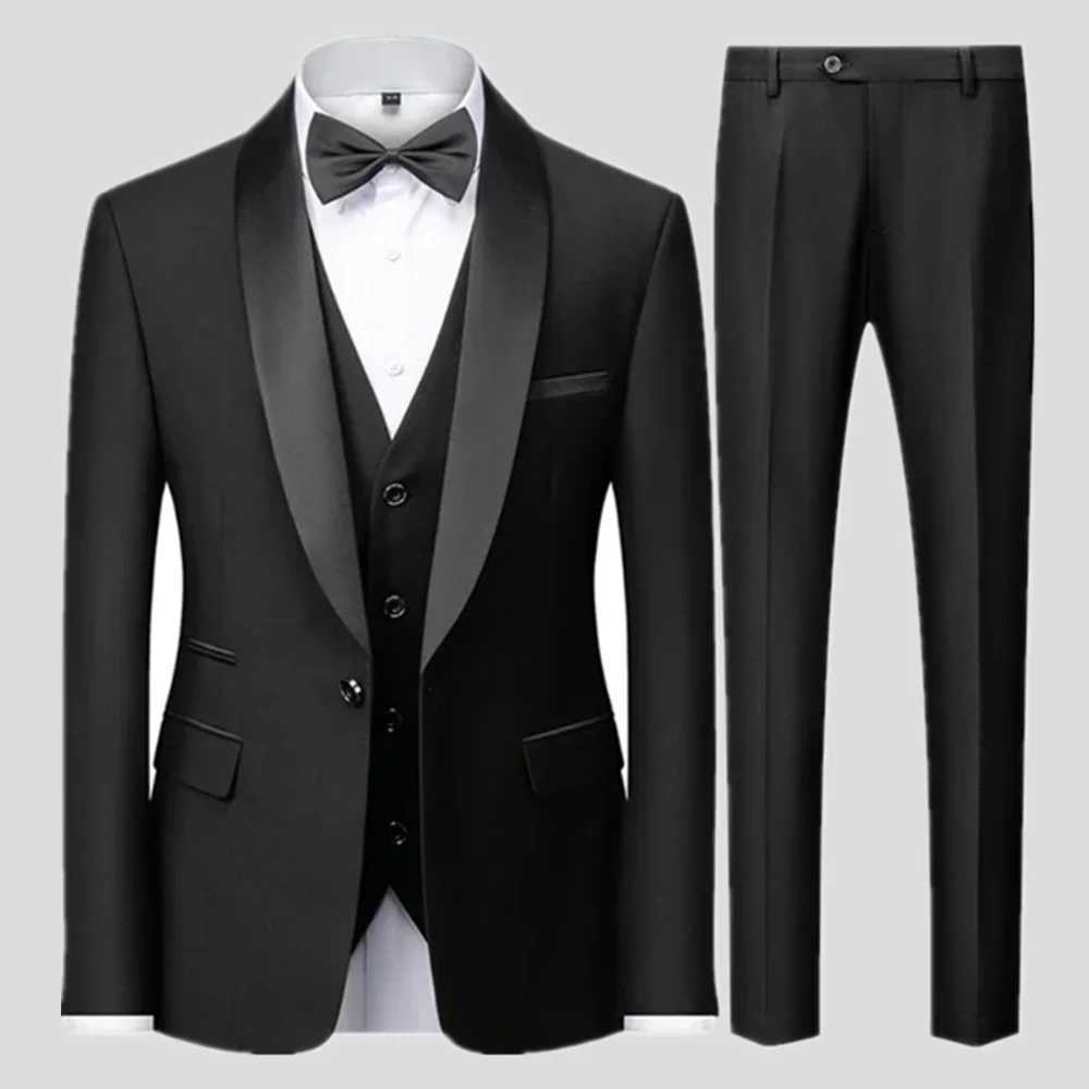 Black Men Autumn Wedding Party Three Pieces Set Large Size Male Blazer Coat Pants and Vest Fashion Slim Fit Suit M260313