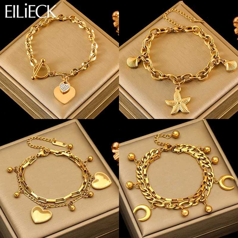 EILIECK 316L Stainless Steel Gold Color Starfish Moon Star Charm Bracelet For Women New Trendy Wrist Chain Jewelry Gift Party W251206