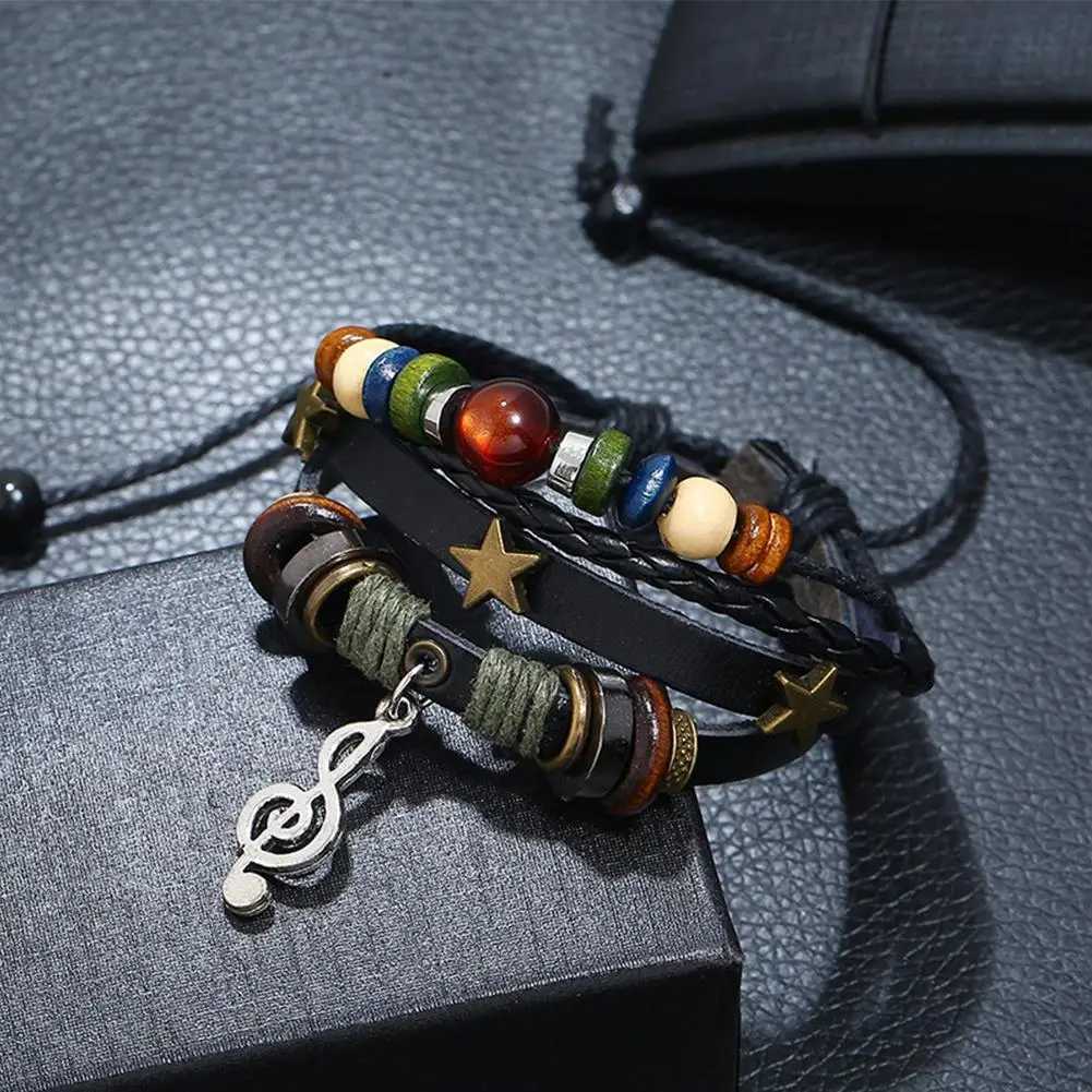 Adjustable Trendy Musical Note Wood Beads Niche Design Leather Gypsy Hippie Bracelet Vintage Rope Layered Bracelet W251206