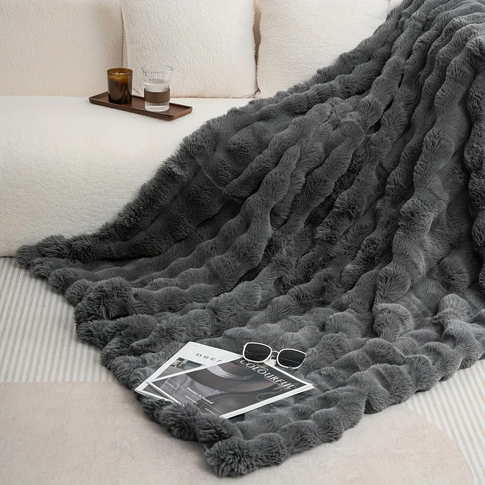 Bubble Fleece Blanket for Couch Faux Rabbit Fur Throw Blanket Soft Cozy Fluffy Decorative Blankets for Bed Sofa Mothers Day 251204