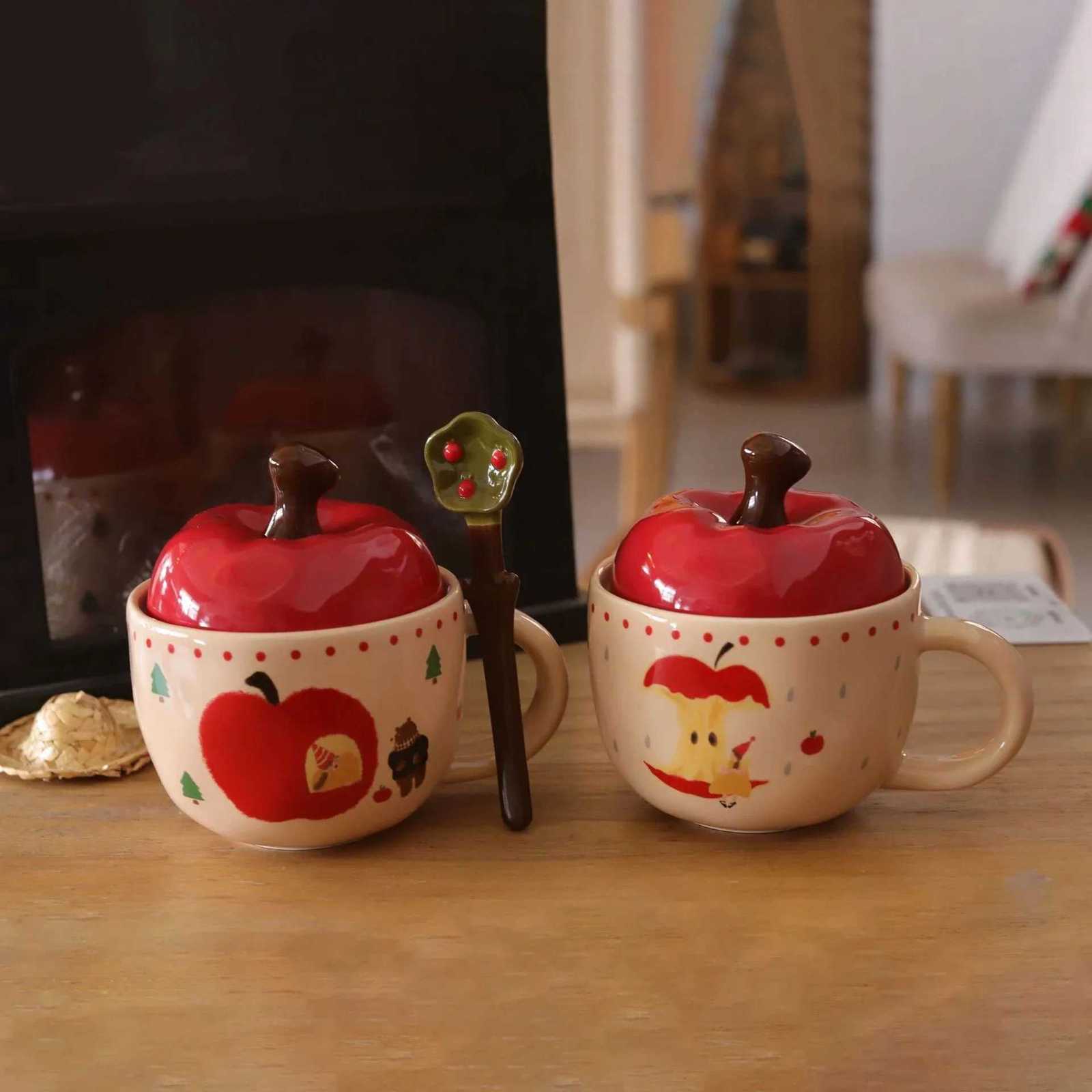 Vintage Mug With Lid And Spoon Apple Shape Ceramic Mug Water Cup Girls Mug Christmas Gift Coffee Mug Couple Milk Breakfast Mug M251206 - view 3