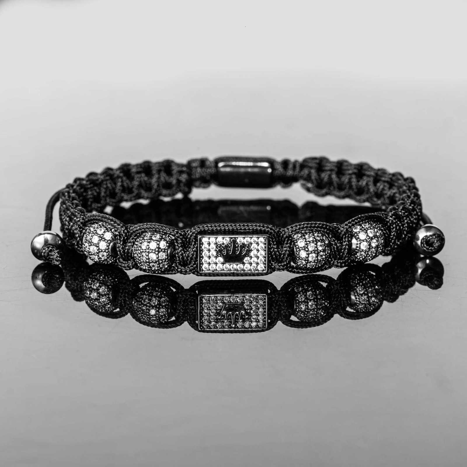 New Mens Adjustable Black Braided Crown Design Bracelet with Sparkling Synthetic Zirconia Stones Elegant GoldenTone Rectangular W251206