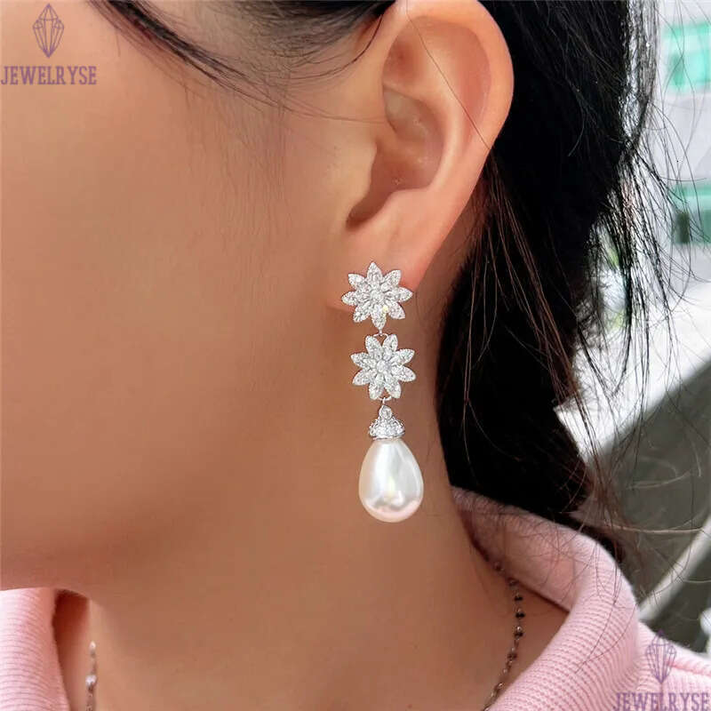 Charm Flower Imitation Pearl Designer Earring for Woman Wedding Luxury White AAA Cubic Zirconia Drop Stud Diamond Earrings S925 Sterling Silver Needle