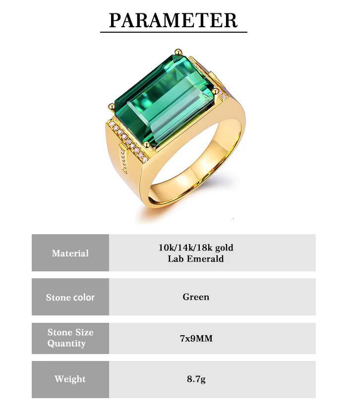LusterGem 10K 14K 18K Solid Gold Lab Grown Emerald With Moissanite Diamond Rings GRA 6x8mm 3ct for Men