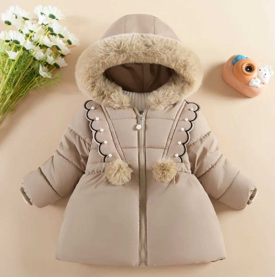 Warm Winter Jacket For Girl Large Hairy Collar Casual Thickened Cotton Jacket Korean Style Baby Down JacketChildrens CoatW251206