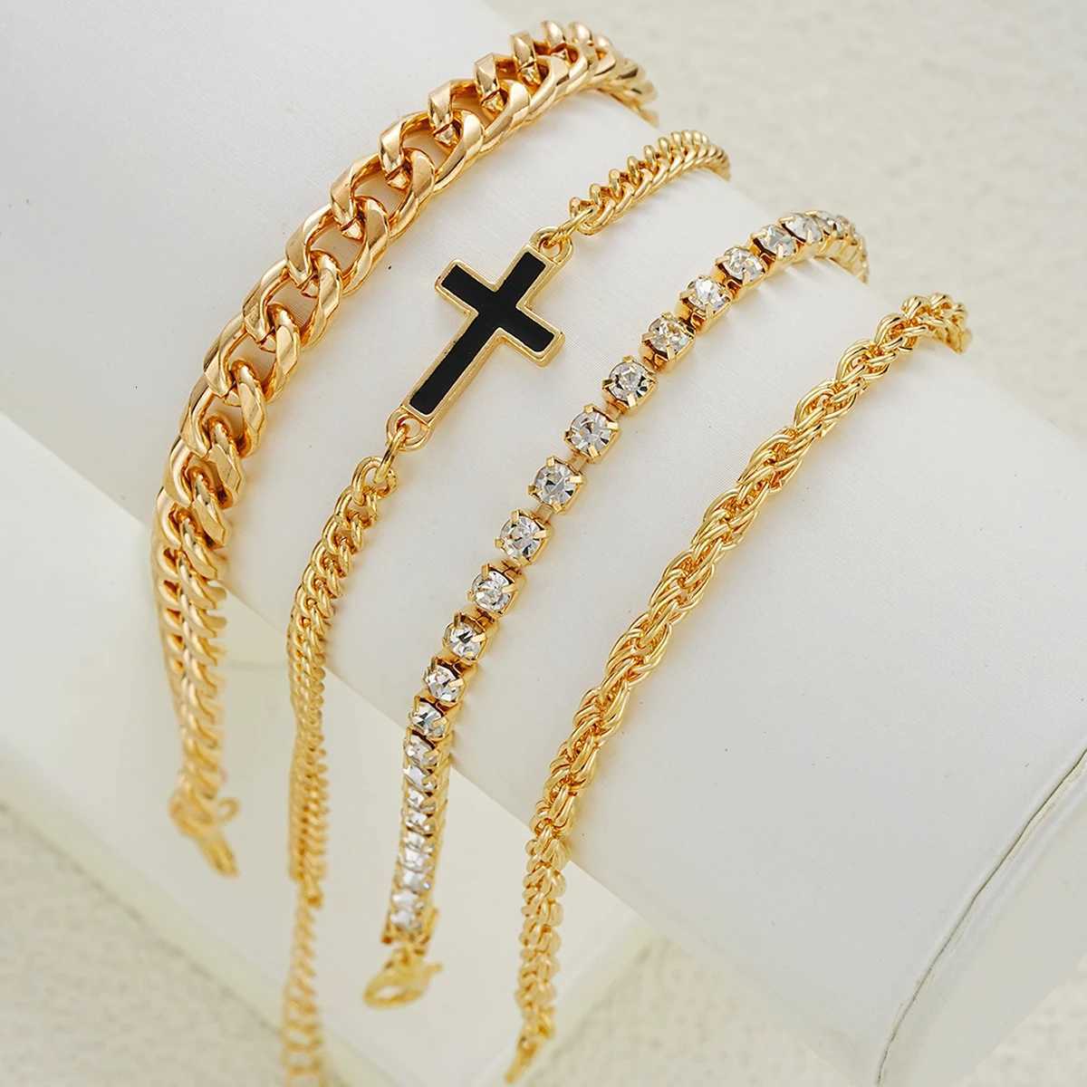 4pcs Stainless Steel Cross Chain Bracelet Set for Men Women Punk Hiphop Minimalist Zircon Bracelets Daily Wear Party Jewelry New W251206