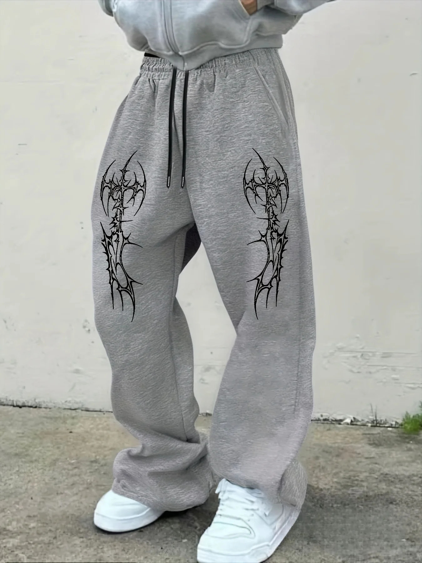 Mens Black Goth Ax/Cross White Print Wide Leg Joggers Hip Hop Fashion Street Pants Oversized Casual Pants Fashion Trends 251205