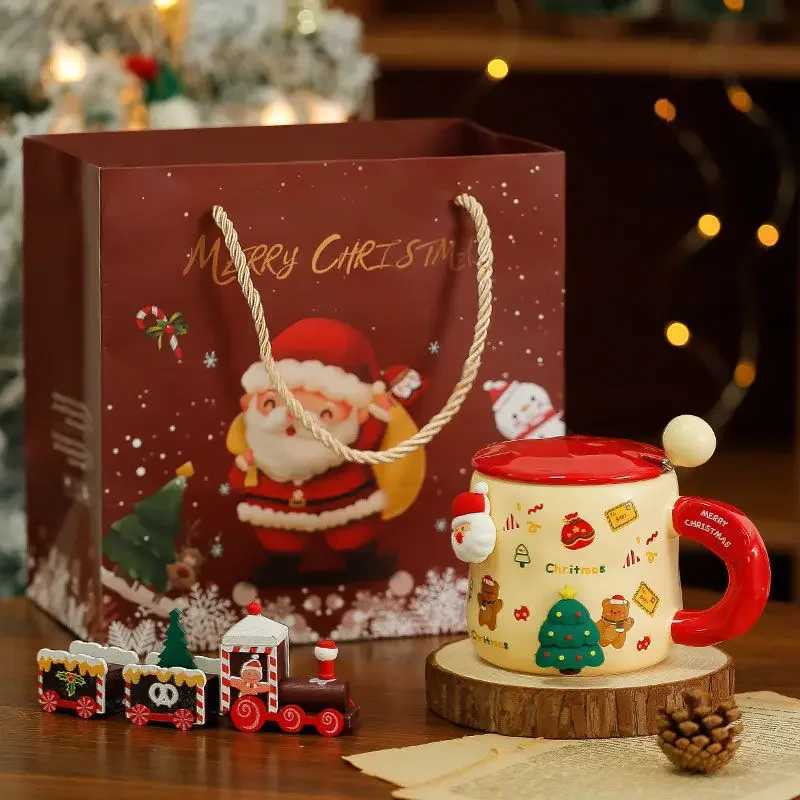 Christmas Ceramic Mug with Lid Spoon Coffee Mugs 3D Magnet Hanger High Beauty Breakfast Milk Cups Couple Water Cup Holiday Gift M251206 - view 4