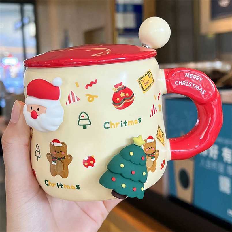 Cartoon Christmas Mug Household Cute Milk Ceramic Cup with Lid and Spoon Accompanying Gift Couple Coffee Cup M251206 - view 5