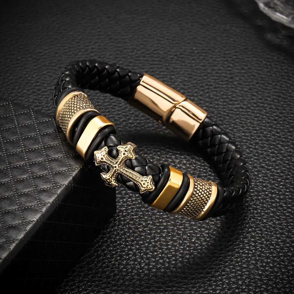 Fashion Stainless Steel Cross Bangles with Charms Chakra Men Classic Punk Leather Bracelet Male Braided Multilayer Bracelet W251206