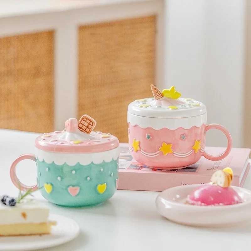 430ml Ceramic Coffee Mug Creative Cute Cake Embossed Pattern Water Cup Large Capacity with Cover Home Office Juice Mugs Gift M251206 - view 4