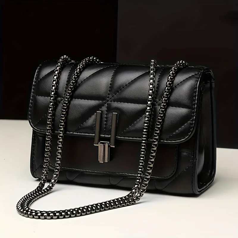Elegant Black Faux Leather Shoulder Bag with Chain Strap - Light Luxury Plaid Pattern Turn-lock Closure Synthetic LiningT251206