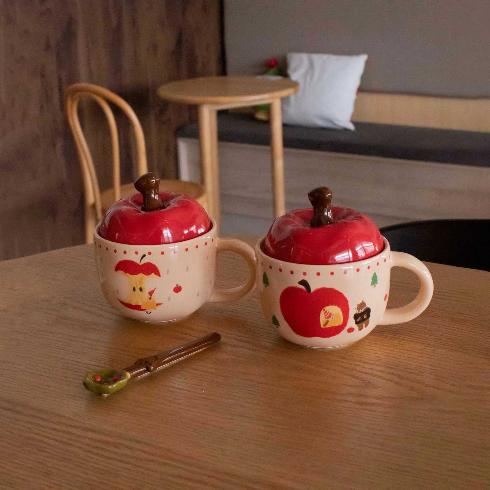 Vintage Mug With Lid And Spoon Apple Shape Ceramic Mug Water Cup Girls Mug Christmas Gift Coffee Mug Couple Milk Breakfast Mug M251206 - view 5