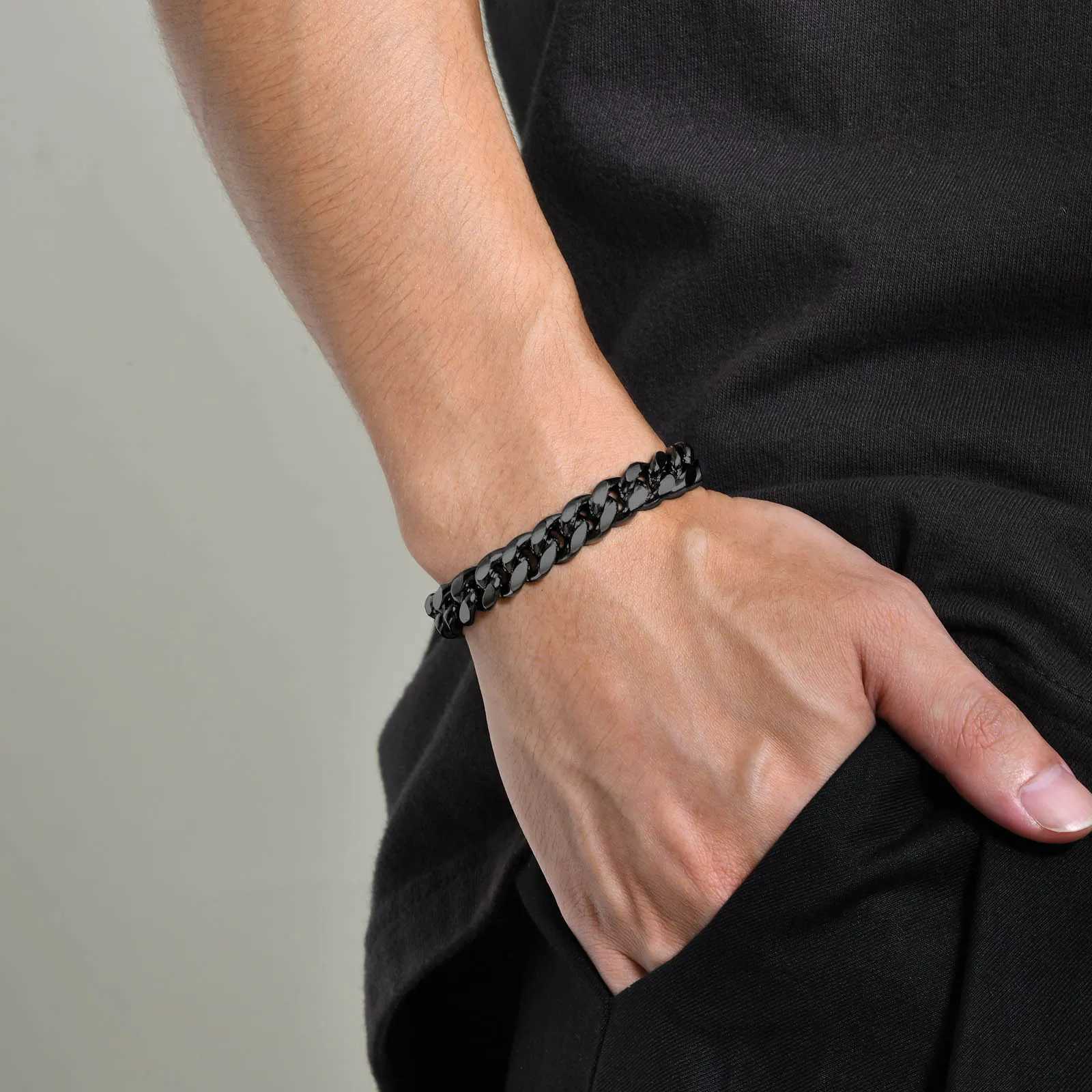 Vnox 8mm/10mm Bold Cuban Chain Bracelets for Men Black Stainless Steel Miami Curb Links Wristband Chunky Male Boy Jewelry W251206