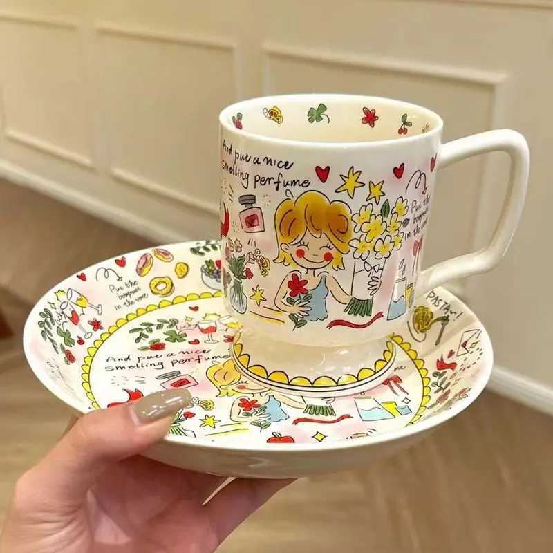 Vigorous Girls High Cup French Coffee Cup Handpainted Cute Cartoon Task Breakfast Bowl Handmade Tea Cup Saucer Set Cute Gift M251206 - view 4