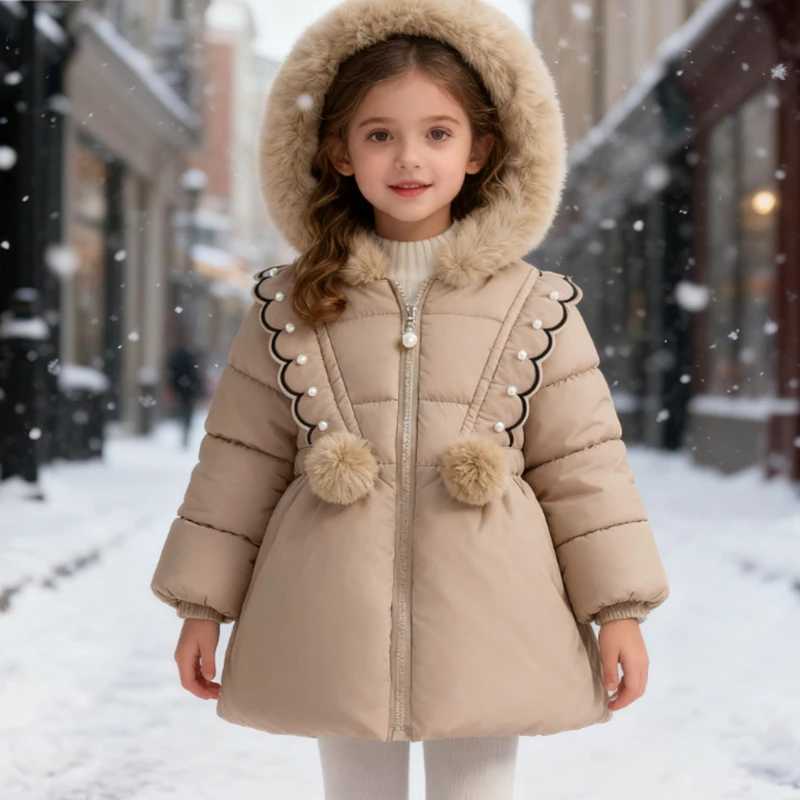 Warm Winter Jacket For Girl Large Hairy Collar Casual Thickened Cotton Jacket Korean Style Baby Down JacketChildrens CoatW251206