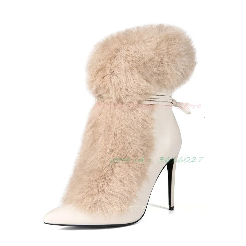 Pointed Toe Fur Mid Calf Boots Stiletto Heels Ankle Straps Fashion Warm Shoes In Winter Solid Plush Sexy Party Dress Shoes 251204