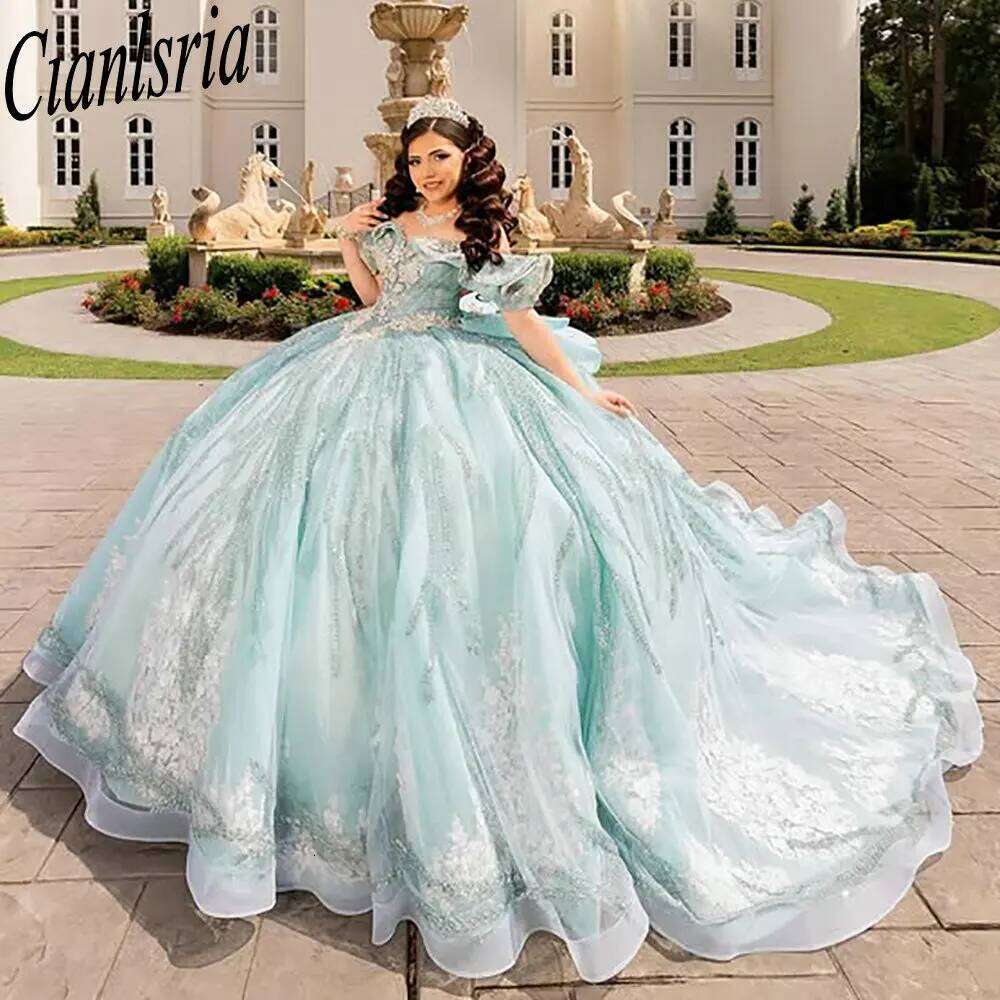 Mint Green Glitter Beading Crystal Quinceanera Dresses Ball Gown Off The Shoulder Appliques Lace Sweet Vestidos De XV A os