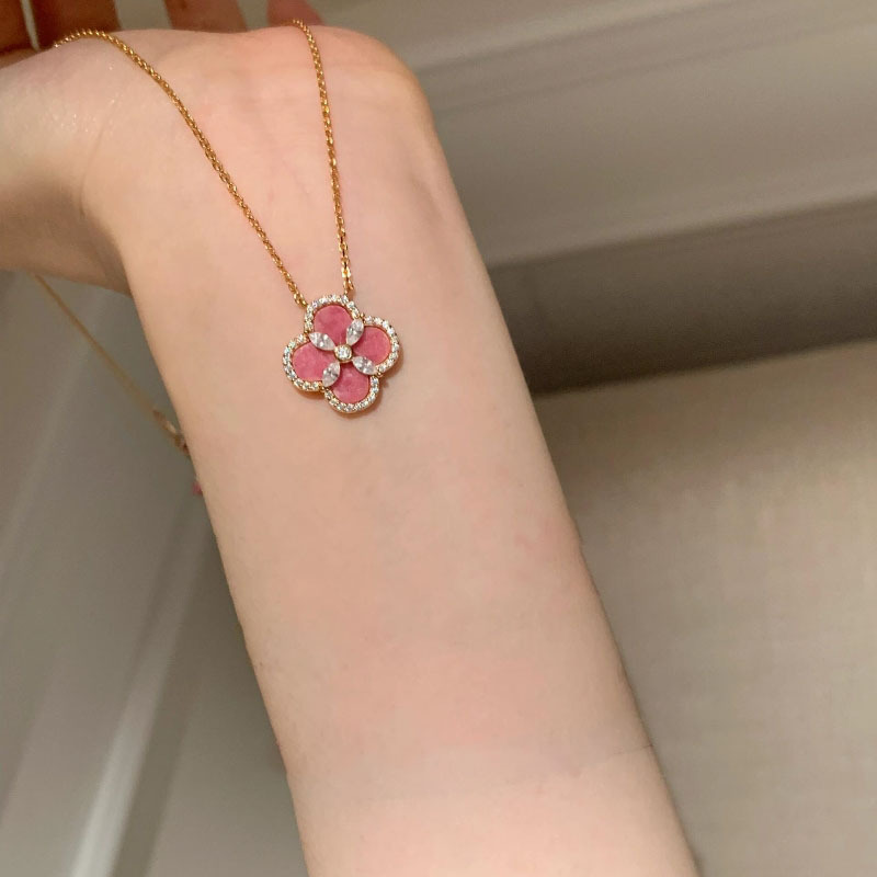 Vintage Rose Pink Flower Exquisite Sparkling Diamond Clover Bracelet Necklace Earrings Dopamine Retro High Quality Love Birthday Gift Set