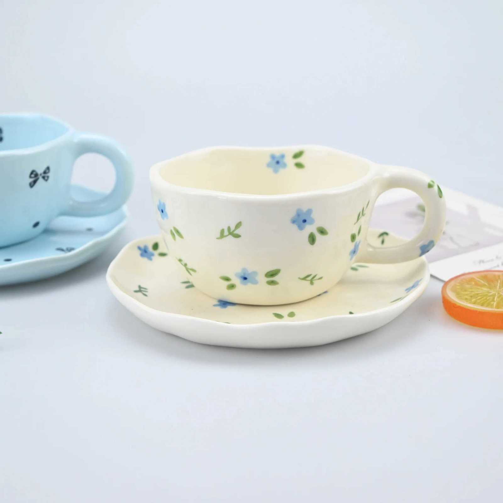 2PCS/Set High-end Coffee Cups And Saucers High-value Ceramic Mugs Business-style Latte Art Coffee Cups Hand-pinched Cups M251206 - view 3