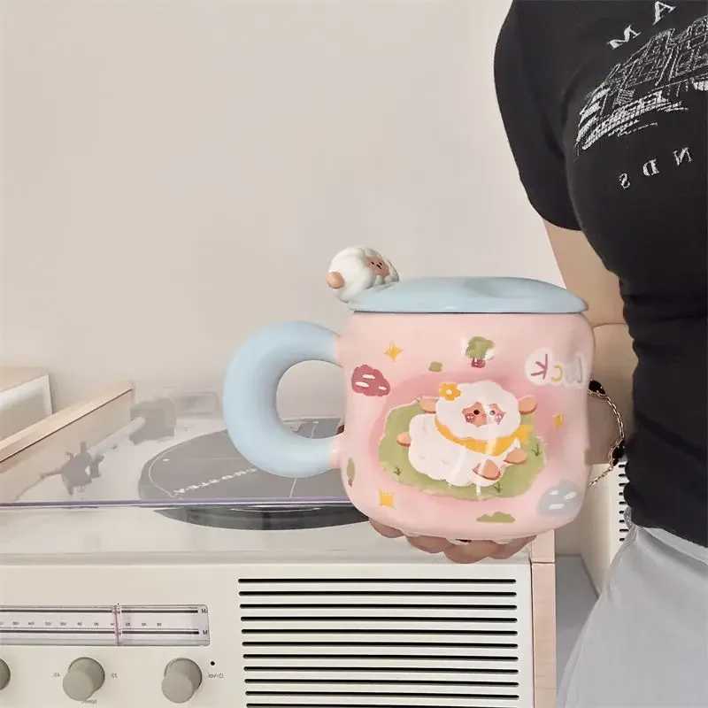 Cute Girl Cartoon Lamb Ceramic Mug Birthday Gift Creative with Lid and Spoon Household Couple Water Cup Office Coffee Cup M251206 - view 5