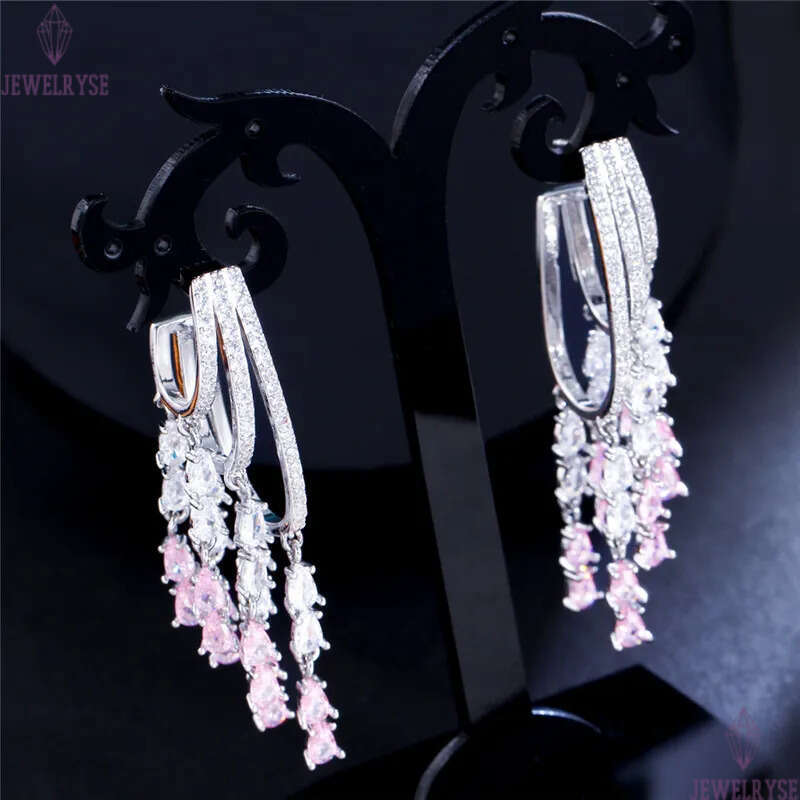 Charm Long Tassel Pink AAA Zirconia Cubic Earring Designer for Woman Party 925 Sterling Silver Post Diamond Earrings South American Wedding Engagement