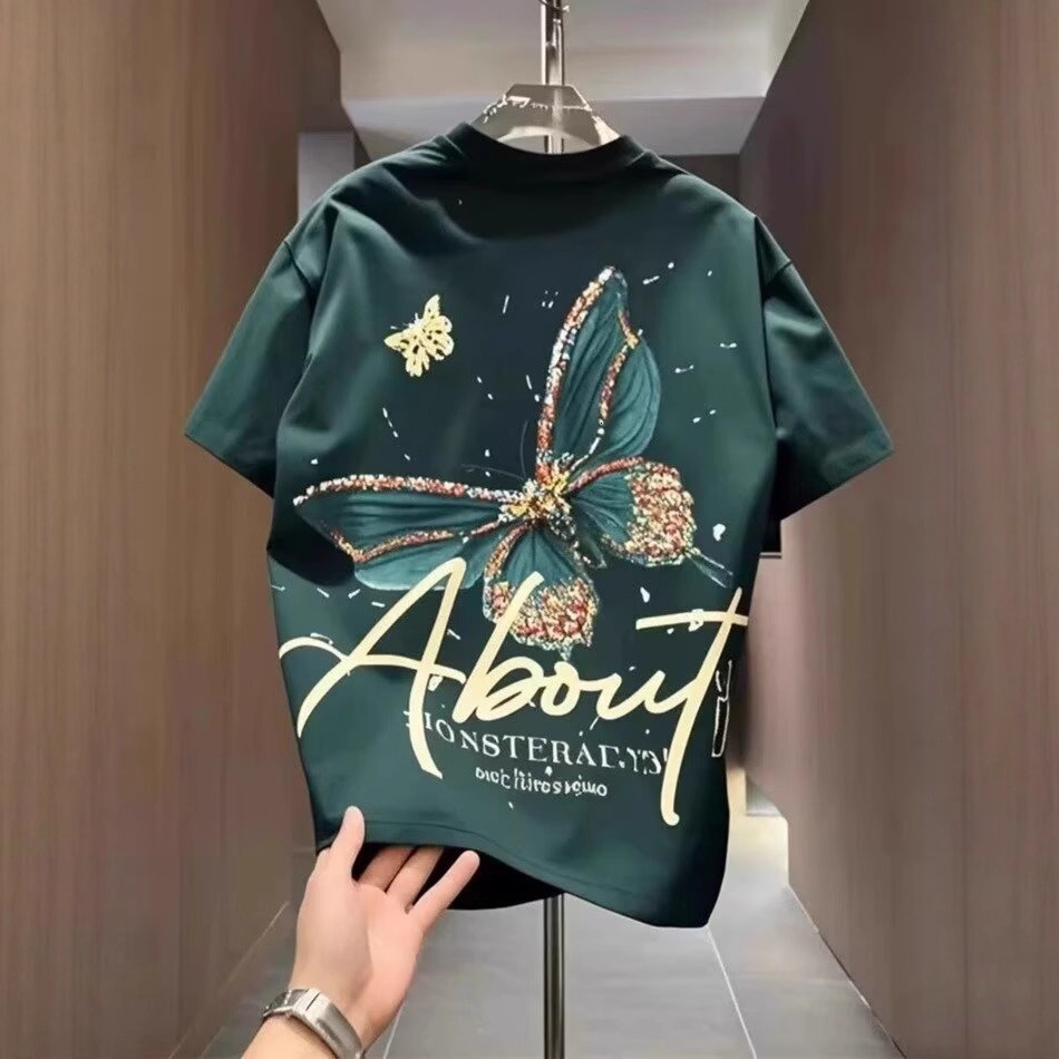 Designer Luxury Clothing American Style Loose T-shirt Short Sleeve Men Ins Trendy Brand Personalized Print Butterfly Pattern Casual Round Neck Cool Ba