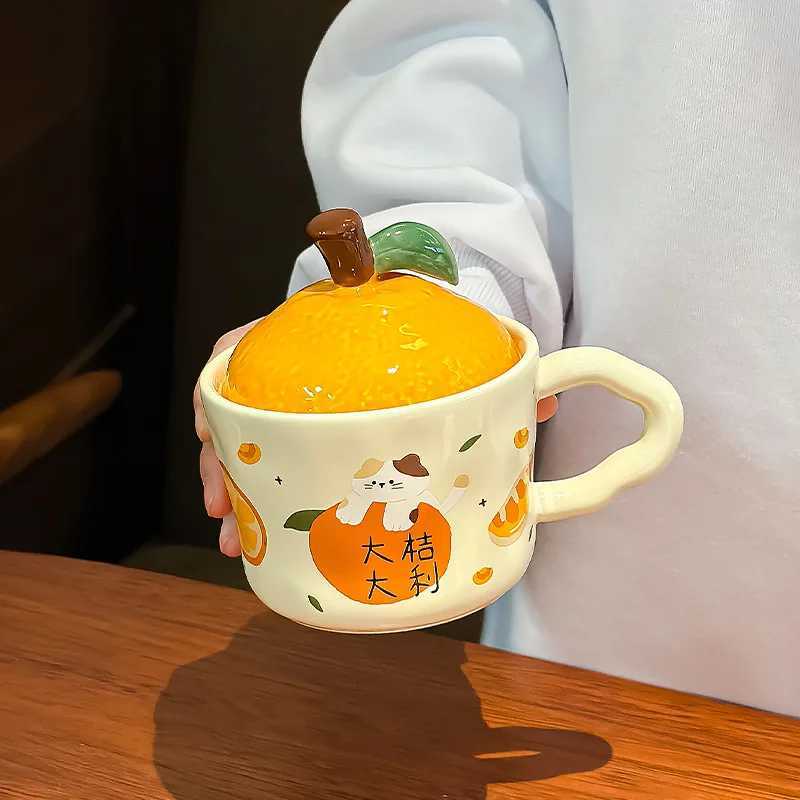Cute Orange Cat Mug With Lid Funny Mugs Coffee Cups Breakfast Cup Personalized Gift Drinkware Cup for Tea Christmas Ceramic Beer M251206 - view 7