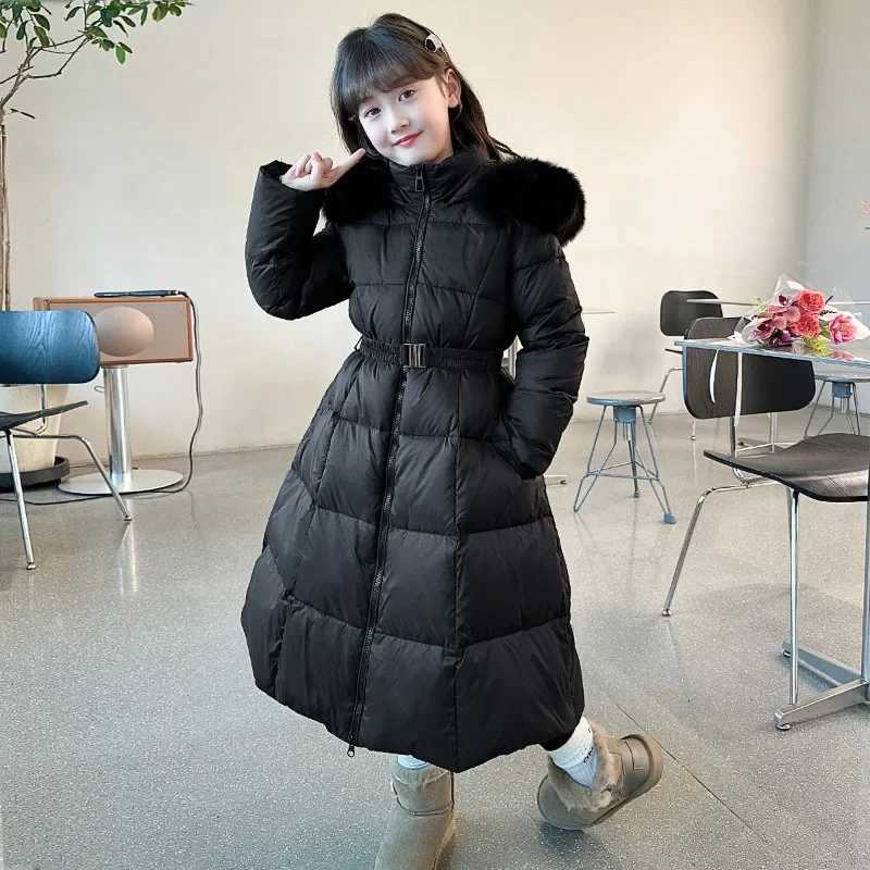 2024 Girls Winter Extended Down Cotton Jacket New Childrens Fashion Belt with Big Hairy Collar Warm Pink Black Cotton CoatW251206