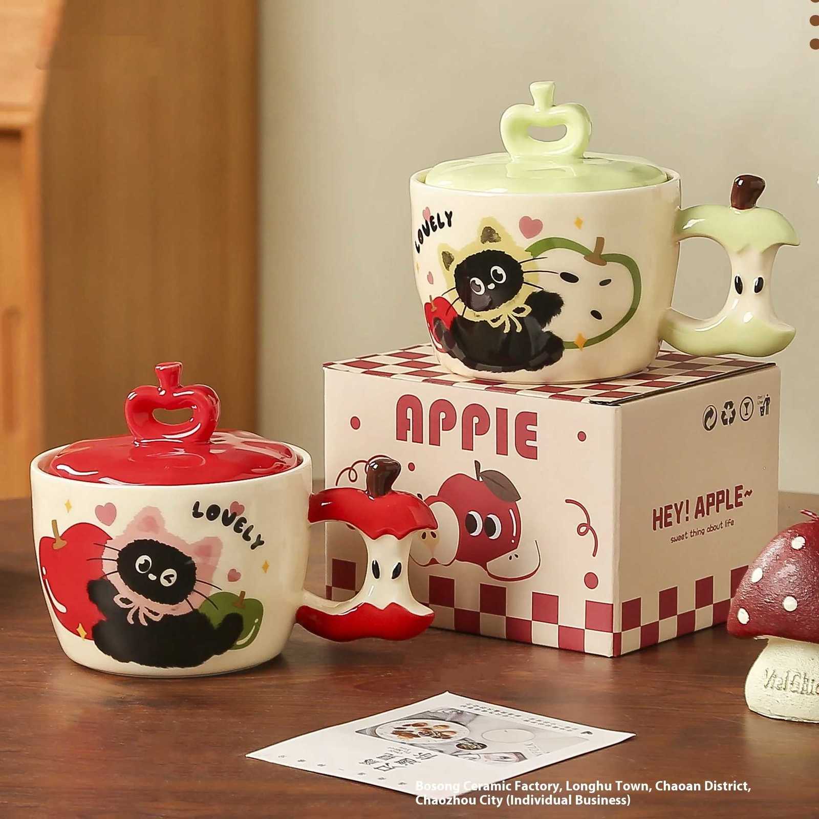 Apple Shape Black Cat Pattern Ceramic Mug with Lid Coffee Milk Teacup with Hand Gift Kitchen Home M251206