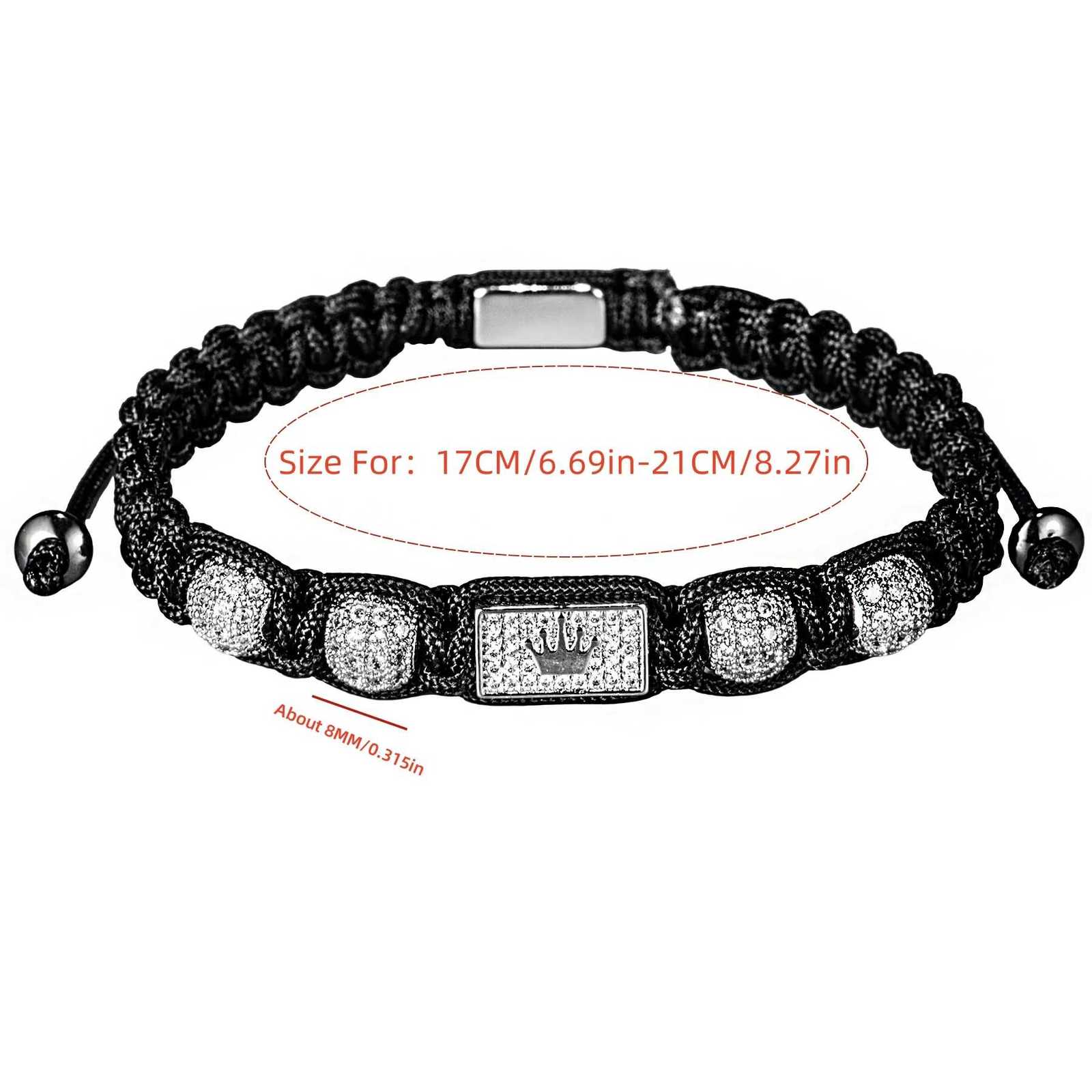 New Mens Adjustable Black Braided Crown Design Bracelet with Sparkling Synthetic Zirconia Stones Elegant GoldenTone Rectangular W251206