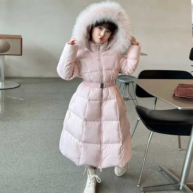 2024 Girls Winter Extended Down Cotton Jacket New Childrens Fashion Belt with Big Hairy Collar Warm Pink Black Cotton CoatW251206