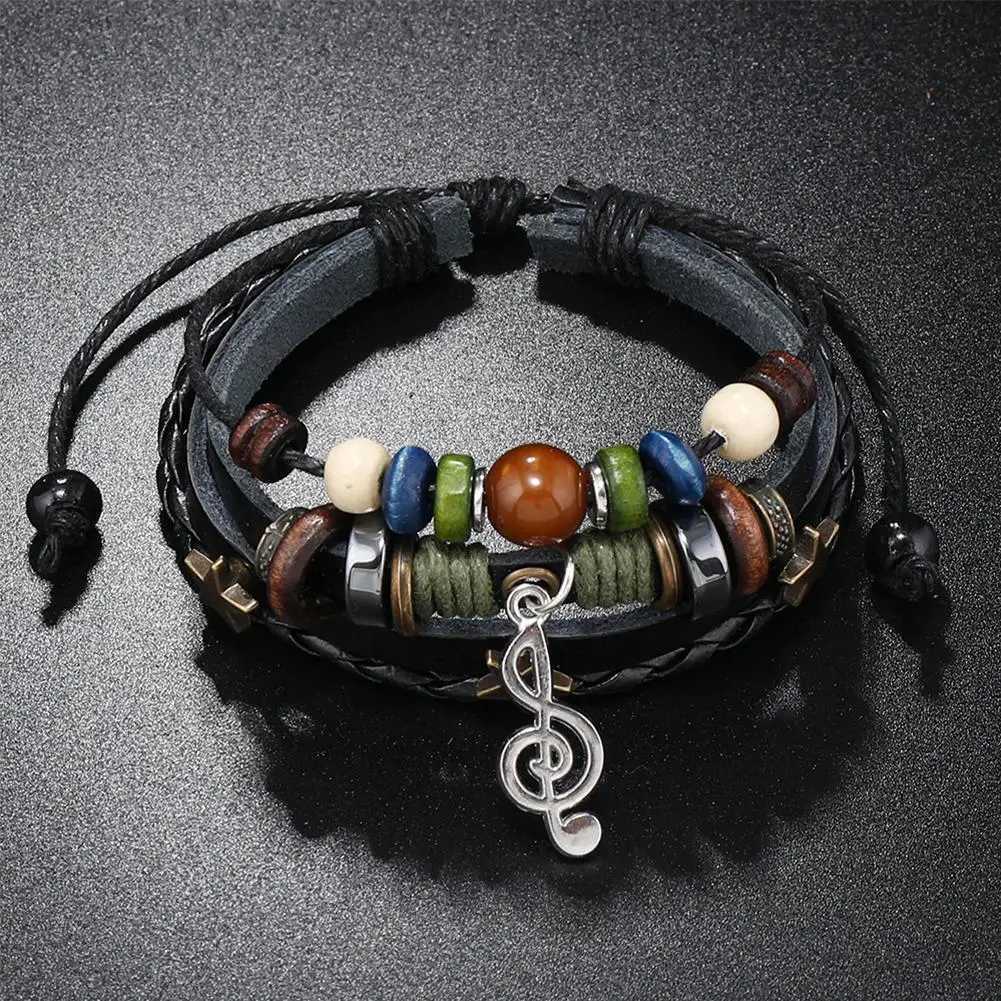 Adjustable Trendy Musical Note Wood Beads Niche Design Leather Gypsy Hippie Bracelet Vintage Rope Layered Bracelet W251206