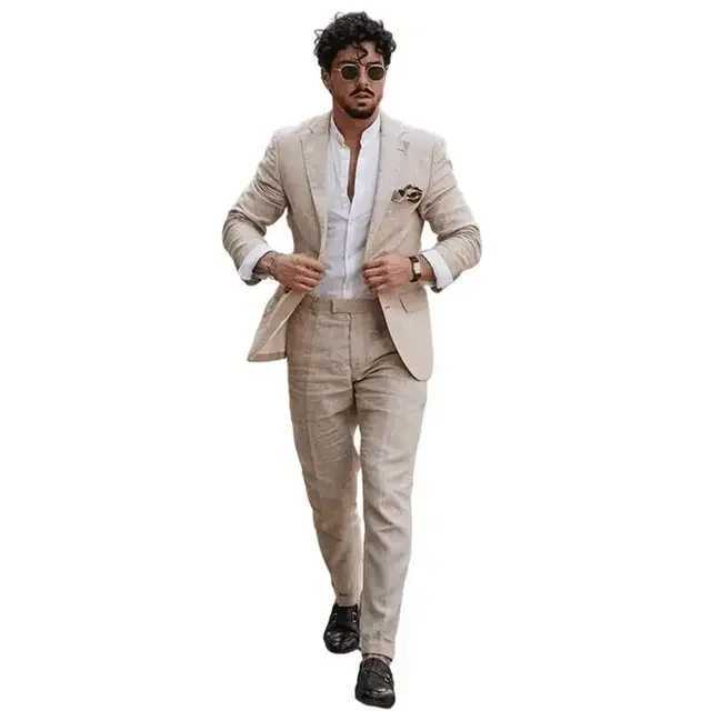 Casual Beige Linen Men Suits Single Breasted Slim Fit Notch Lapel Blazer wiTH Pants 2 Piece Wedding Costume Homme f M260313