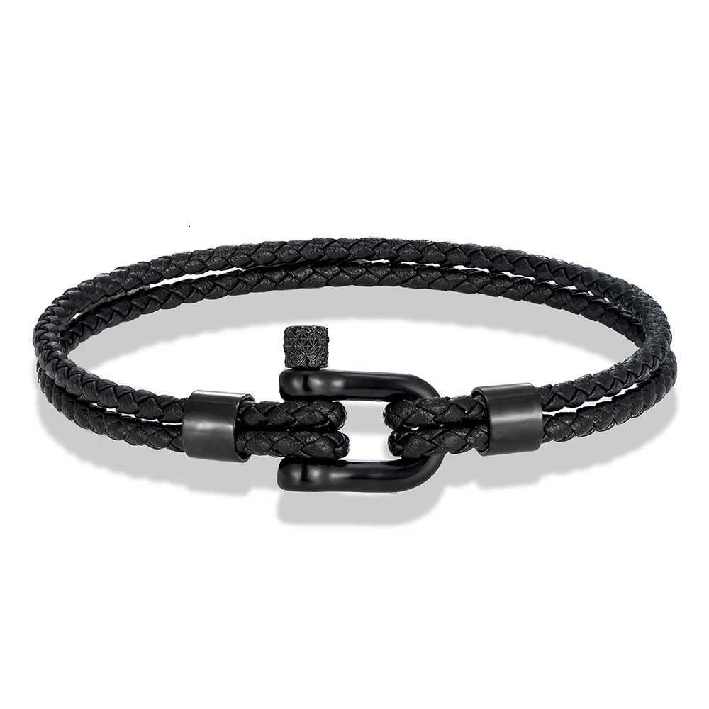 MKENDN Black Stainless Steel Shackle Bracelet Simple Double Layer Blue Leather Bracelets for Men Women Handmade Nautical Jewelry W251206