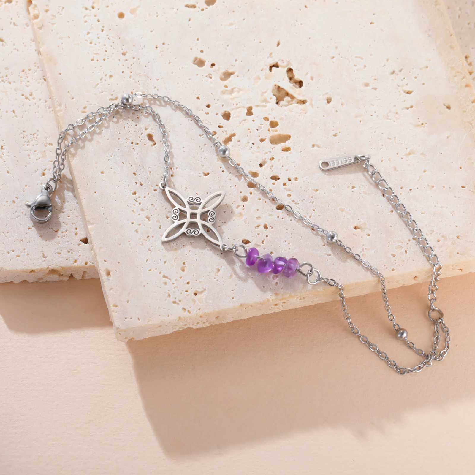 Teamer Purple Crystal Witch Knot Pendant bracelet Women Stainless Steel Beads Chain Vintage Amulet Witchcraft Jewelry Gift New W251206
