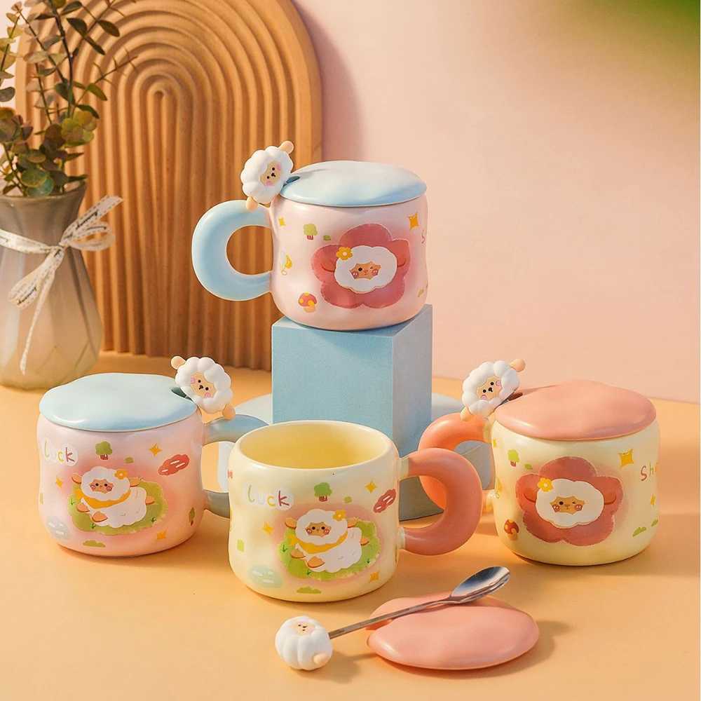 Creative Cartoon Ceramic Cup with Lid Spoon Home Office Couple Water Cups Exquisite Gift Ins Style Coffee Kawaii Milk Mug M251206