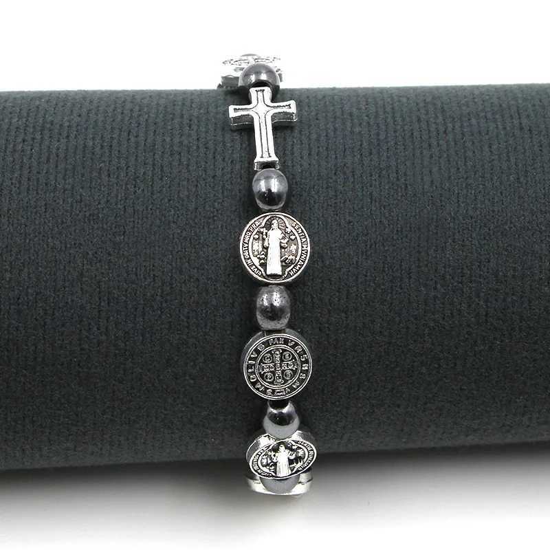 VILLWICE Catholic Rosary Bracelet St Benedict Medal Cross Prayer Bracelets Hematite Beads Religion Jewelry Accessories W251206