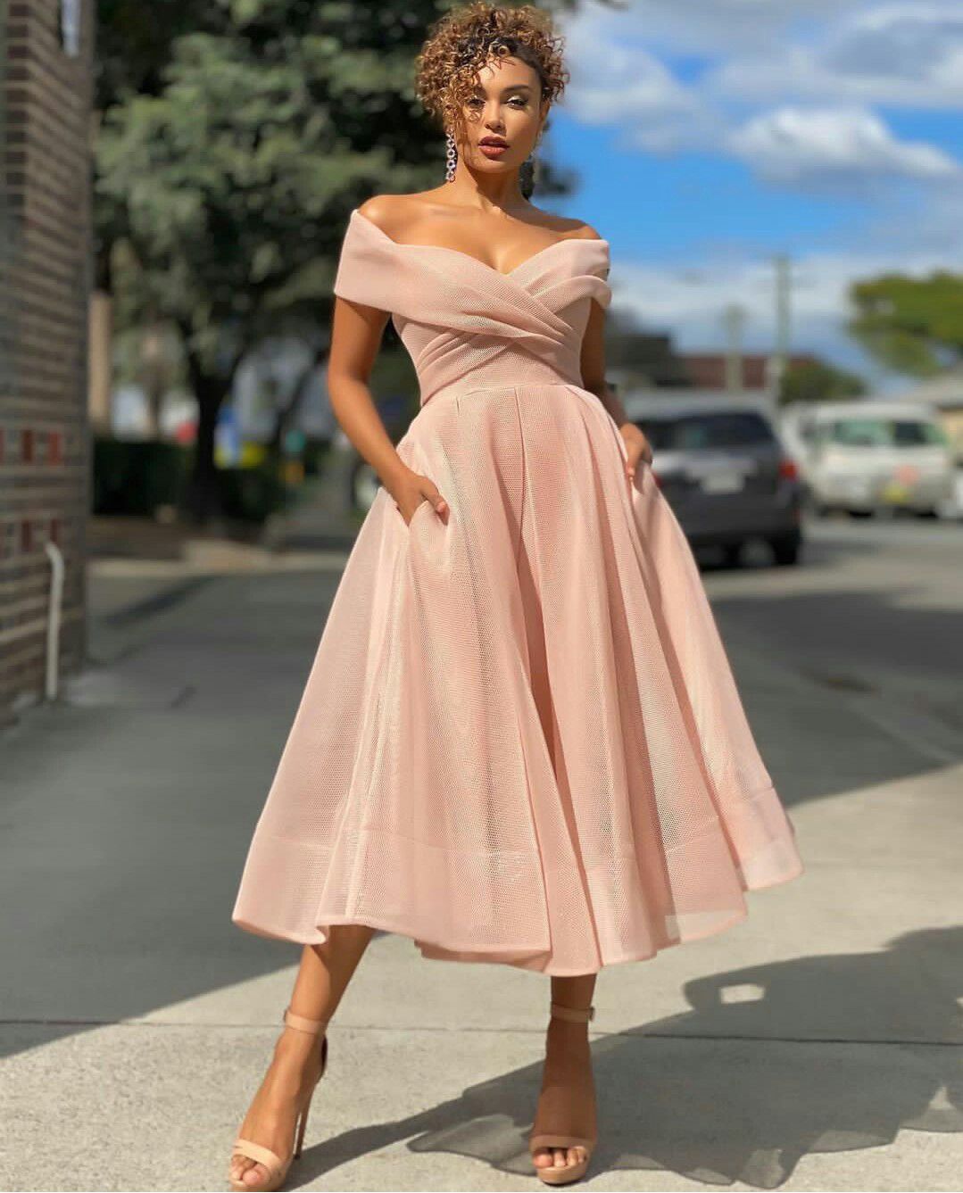 Rose Pink Cocktail Dresses with Pocket A Line Off the Shoulder Tea Length Prom Dress Custom Made Homecoming Gowns Tulle D07