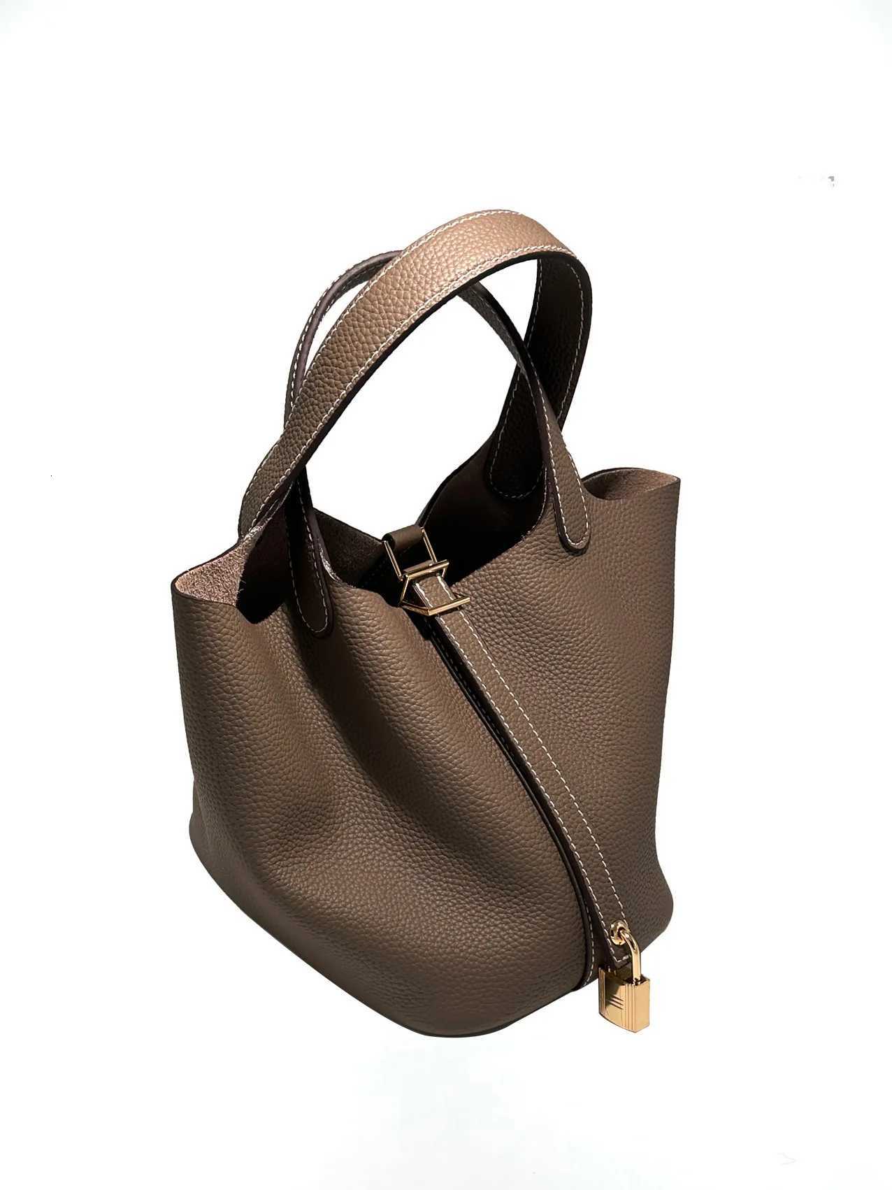 New Summer 2025 genuine leather bucket womens bag casual and fashionable TOGO top-grain cowhide hand-held vegetable basket bag K251206