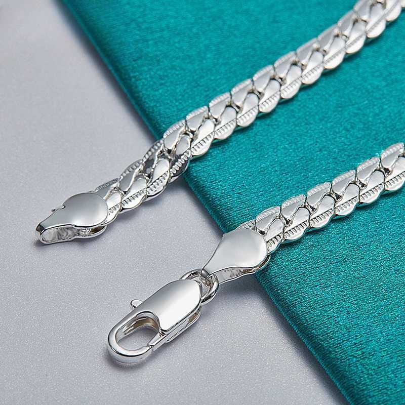 925 Sterling Silver Bracelet 6mm 18/20cm Flat Side Chain Lobster Clasp Bracelet For Woman Man Party Wedding Jewelry Holiday Gift W251206