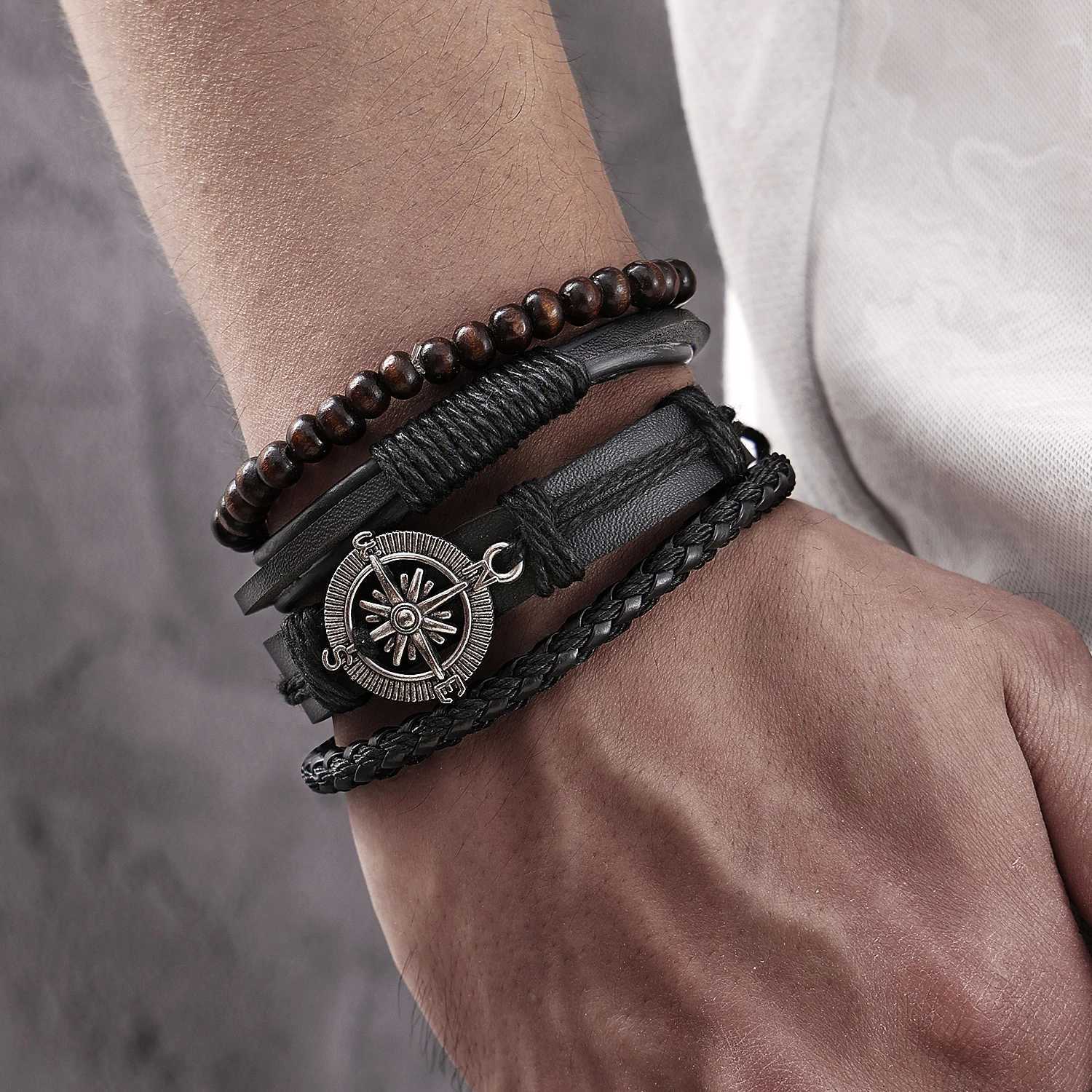 FNIO Braided Wrap Leather Bracelets for Men Vintage Charm Guitar Cross Feather Wood Beads Ethnic Tribal Wristband Rope Bracelet W251206
