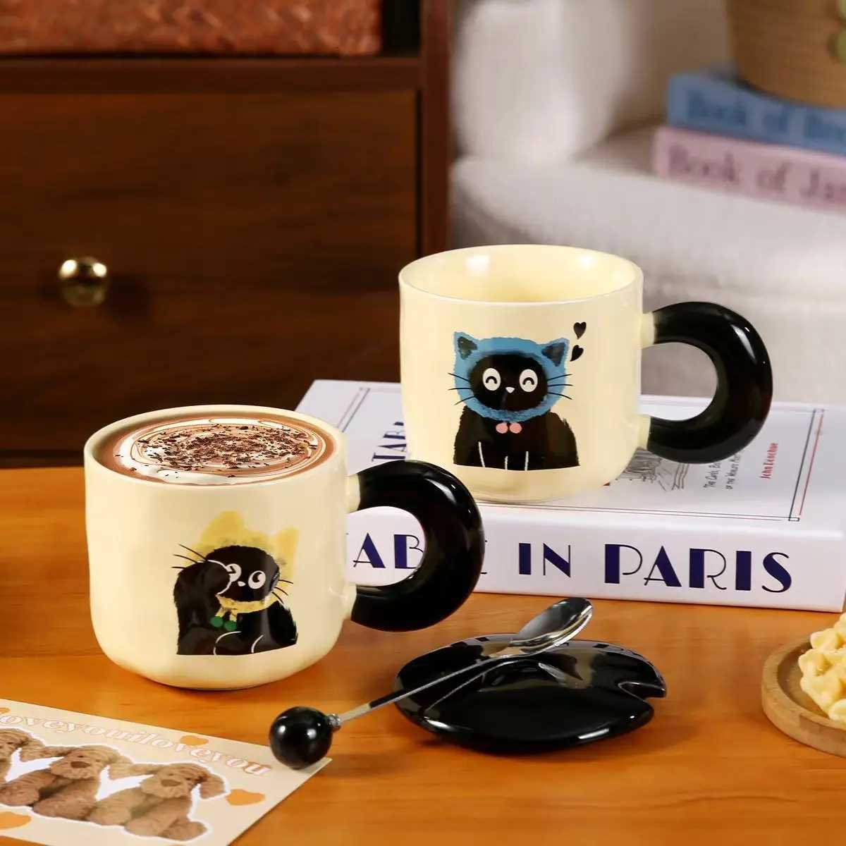 Great Birthday Gift for Girls - Adorable Ceramic Cat Mug with Lid and spoon Couples Water Cup Practical Coffee Mug M251206 - view 4
