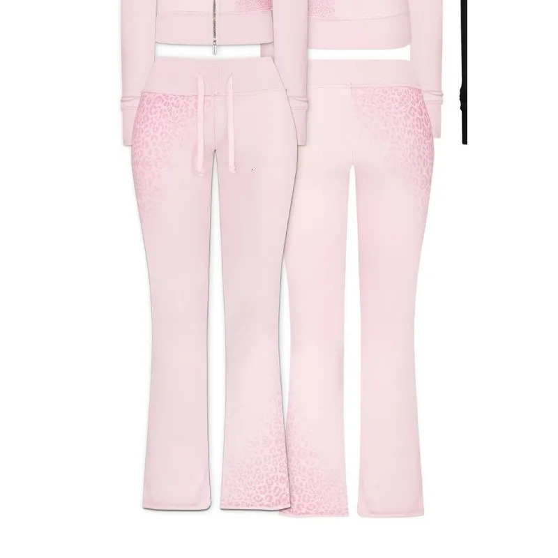 Sexy vintage pink leopard print stitching slim yoga zip up hoodie for women American versatile y2k jogger sweatpants 2-piece set 251204