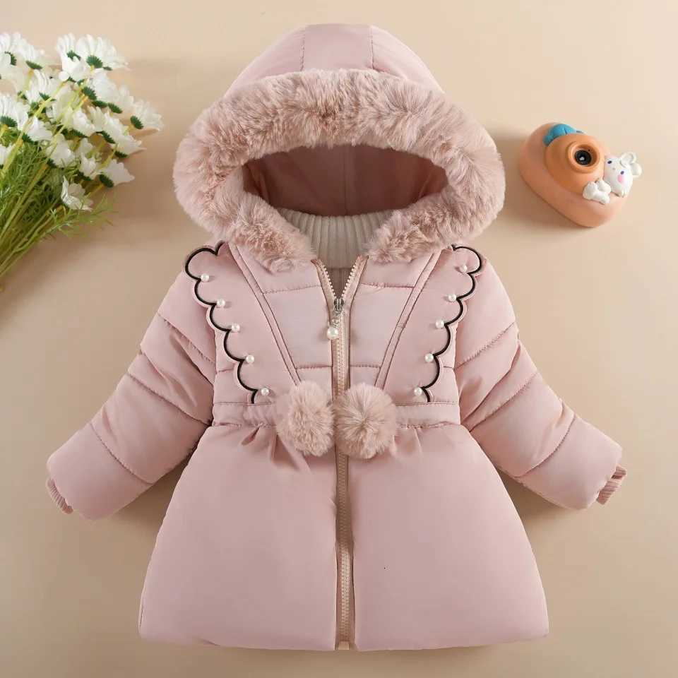 Warm Winter Jacket For Girl Large Hairy Collar Casual Thickened Cotton Jacket Korean Style Baby Down JacketChildrens CoatW251206