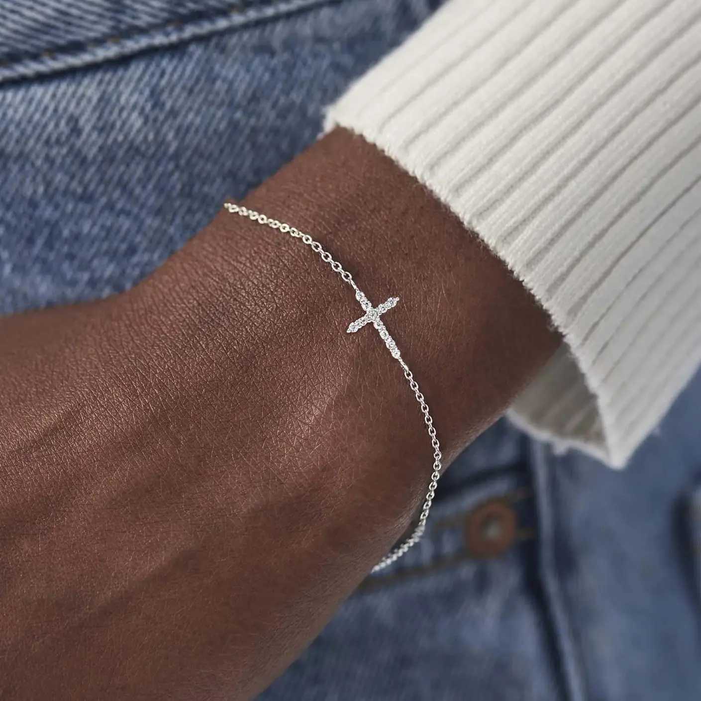 Dainty Cross Bracelet- 925 Sterling Silver/18k Gold Plated CZ Chain Bracelets for Women Trendy Religious Christian Jewelry Gifts W251206