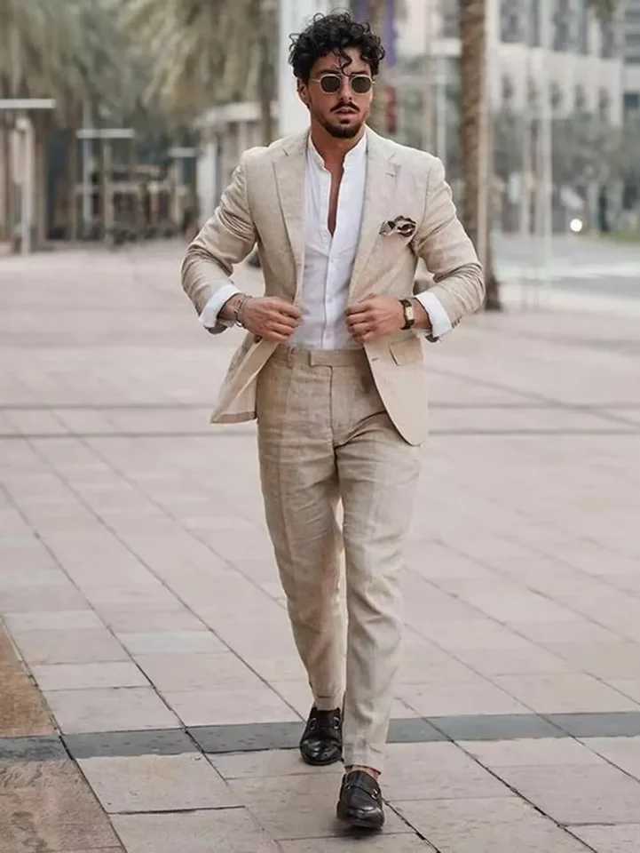 Casual Beige Linen Men Suits Single Breasted Slim Fit Notch Lapel Blazer wiTH Pants 2 Piece Wedding Costume Homme f M260313
