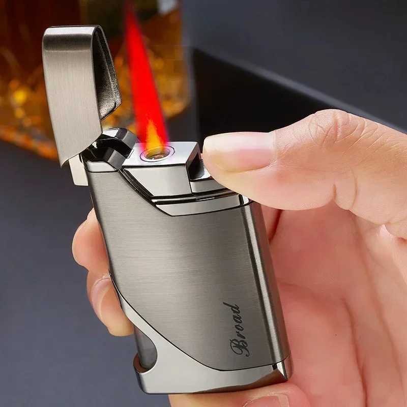 Metal Windproof Butane Gas Lighter with Transparent Gas Window Refillable Turbo Torch for Cigar Red Flame Personali Design H251206