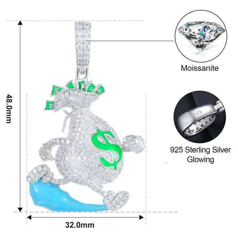 Dropshipping Glow in the Dark Wholesale Price Iced Out Moissanite Running Escape USD Dollar Money Bag Pendant With Chain