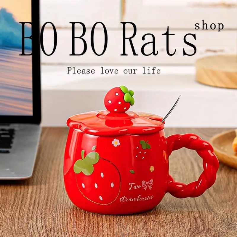 Strawberry Mug with LidCeramic Mugs 420MLKorean Kawaii Coffee CupsCute Breakfast Porcelain Mug for WomanStudent M251206 - view 3